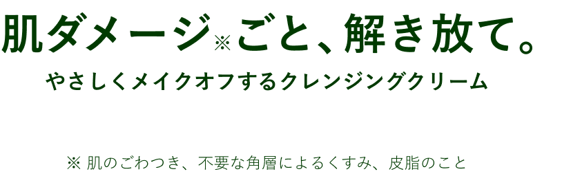 肌ダメージ※ごと、解き放て。 やさしくメイクオフするクレンジングクリーム ※ 肌のごわつき、不要な角層によるくすみ、皮脂のこと