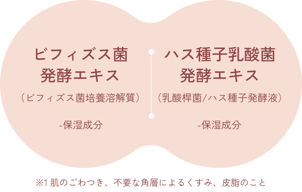 ビフィズス菌 発酵エキス （ビフィズス菌培養溶解質） -保湿成分 ハス種子乳酸菌 発酵エキス （乳酸桿菌/ハス種子発酵液） -保湿成分 ※1 肌のごわつき、不要な角層によるくすみ、皮脂のこと