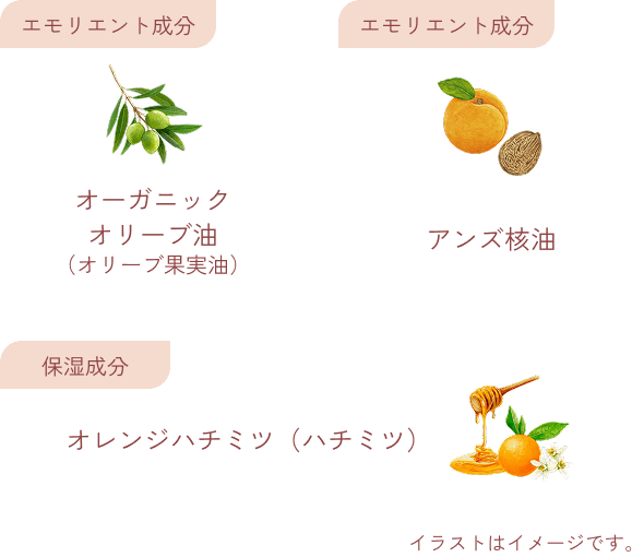 エモリエント成分 オーガニック オリーブ油 （オリーブ果実油） エモリエント成分 アンズ核油 保湿成分 オレンジハチミツ（ハチミツ） イラストはイメージです。