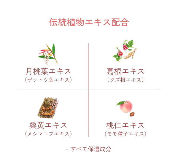 伝統植物エキス配合 月桃葉エキス （ゲットウ葉エキス） 葛根エキス （クズ根エキス） 桑黄エキス （メシマコブエキス） 桃仁エキス （モモ種子エキス） - すべて保湿成分